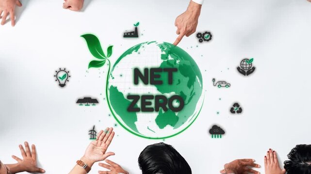 A team collaborates over a white table, illustrating the concept of net zero emissions with green globe and sustainable symbols, emphasizing teamwork and eco-friendly solutions. Raster