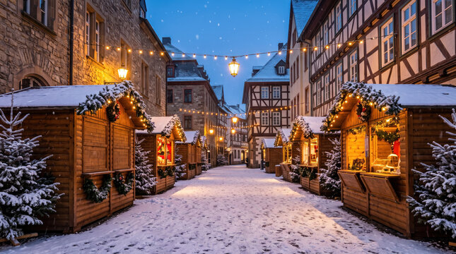 Christmas market street glows with warm lights, snowy timber houses, decorated wooden stalls, and festive evening charm in historic town.