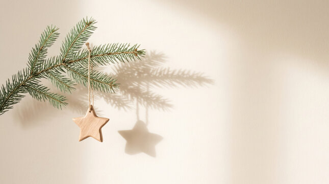 Christmas fir branch with wooden star ornament casting soft shadow on warm wall for holiday decor.