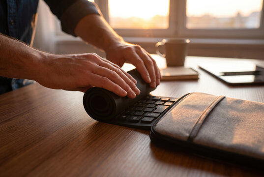 Digital nomad working remotely with laptop and travel case at warm wooden desk creating calm productivity.