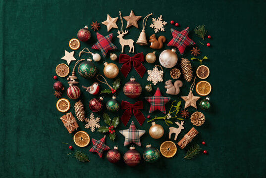 Christmas ornament wreath with star, pine cone, ribbon and dried citrus on dark green background.