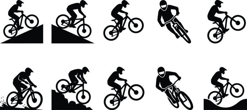 Mountain bike silhouette collection, 10 downhill cycling vector icons, extreme mtb rider performing jumps and stunts, black bicycle sports graphics