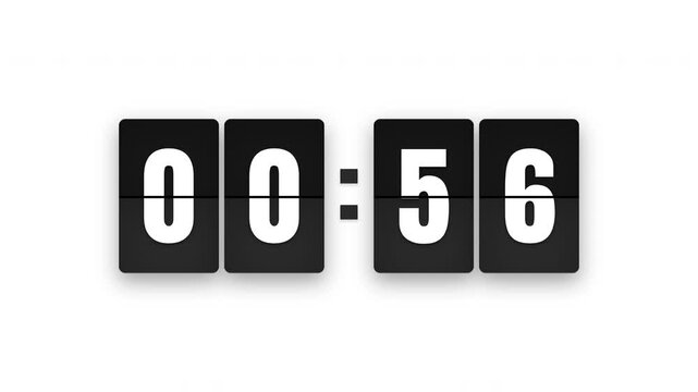 One minute mechanical flip clock countdown animation on isolated white background, perfect for time management concepts, event anticipation, and deadline business presentations