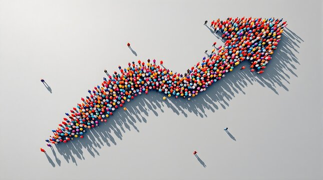Aerial view of a rainbow colored crowd of rounded figures forming a wavy bent arrow on plain white background, a few scattered individuals nearby, creative unity concept