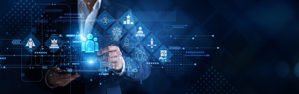 Executive director working on tablet evaluating the metrics and point of strategic global development framework structural growth planning. Digital advanced Leadership mapping a network.