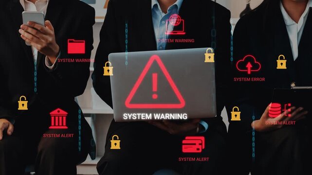 Business professionals working with laptops surrounded by system warning alerts and cybersecurity icons in a modern office environment Gluon.