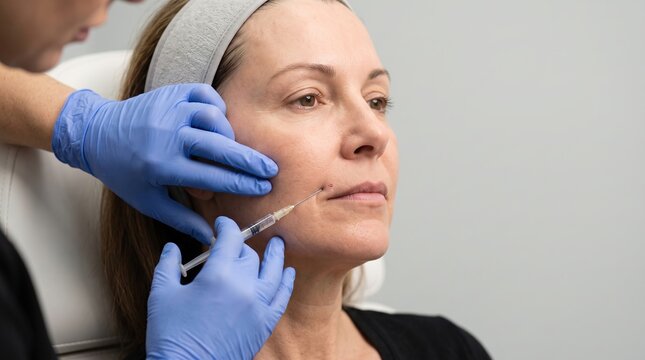 Dermatologist giving facial injection treatment to a mature woman around the lip and cheek area in aesthetic medical clinic