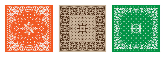 bandana scarf floral pattern ornament vintage kerchief square handkerchief print botanical flower leaf border design cloth fashion accessory style decorative background isolated elegant classic motif © Ruska Studio