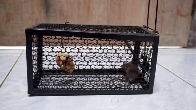 Live rat trapped inside a metal wire cage trap trying to escape