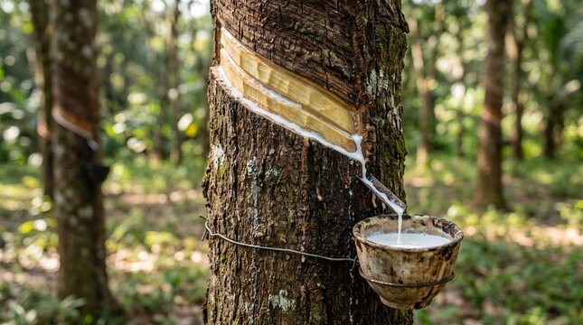 Natural rubber latex dripping from a tapped rubber tree into a collection bowl in a plantation.