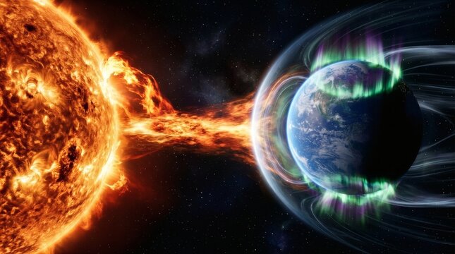 Astrophysics concept of intense solar wind bombarding Earth magnetic field with green aurora borealis.
