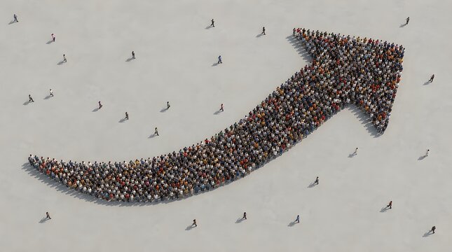 Aerial view of a large diagonal arrow formed by a dense crowd, surrounded by walking figures, symbolizing collective direction and business growth
