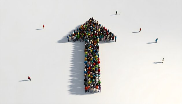 Aerial view of a slim upward arrow made of colorful crowd on white background, minimalist business growth concept with a resting figure among scattered individuals