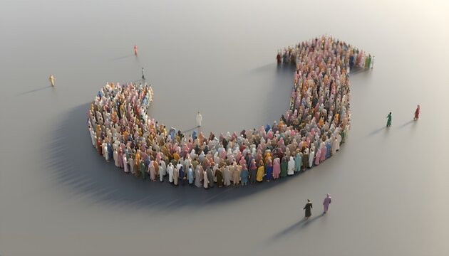 Large crowd of diverse people forming a U-turn arrow shape pointing forward on neutral background, representing collective change of direction, strategic pivot, and unified teamwork.
