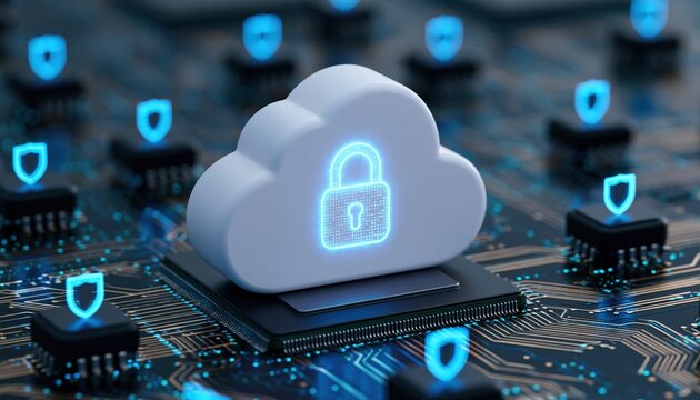 Cloud computing symbol with a glowing security lock on a digital circuit board representing data cyber protection