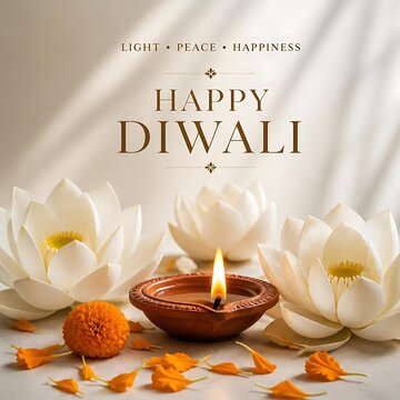 Happy diwali festival greeting card with lit clay diya lamp and white lotus flowers