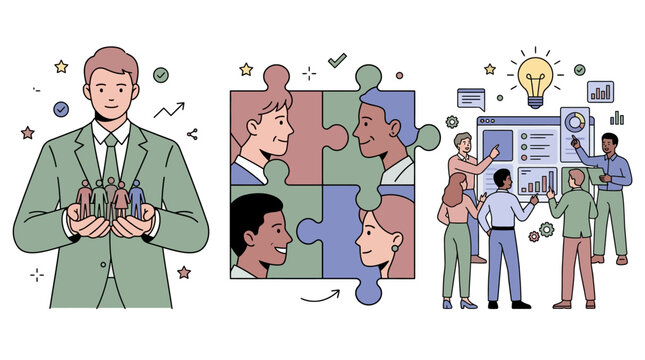 Business Leadership and Teamwork Illustration featuring diverse professionals collaborating on puzzles and data dashboards, ideal for corporate presentations and HR recruitment.