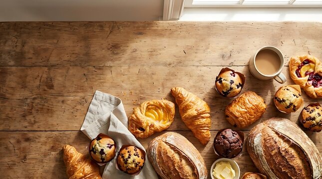 Fresh bread and muffins on a rustic wooden table in a sunny morning kitchen. bakery item layout