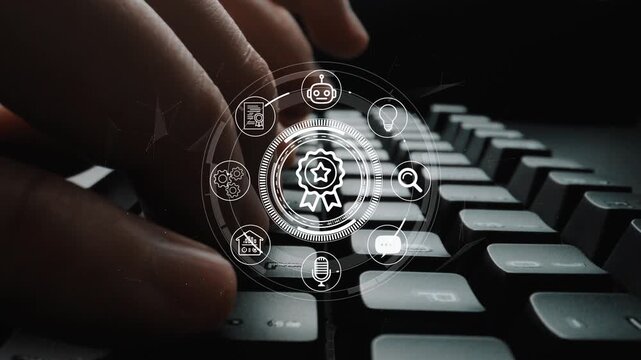 Close-up View of Hands Typing on a Keyboard with Digital Icons Representing Technology and Innovation Concepts in Background. Entropy.