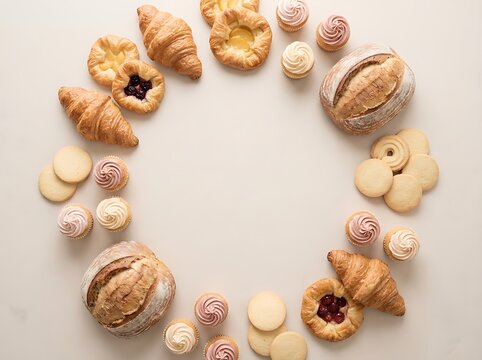 Fresh sweet pastries and cookies arranged in a circle frame for a bakery menu. bakery item layout