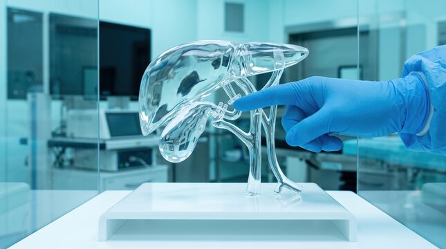 Surgeon hand pointing at transparent acrylic anatomical liver and gallbladder model in lab