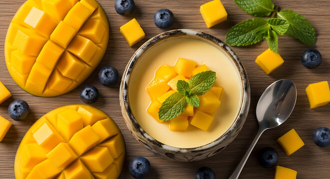 Fresh mango smoothie bowl with diced tropical fruit mint leaves blueberries and chia seeds arranged on a rustic wooden table for healthy breakfast summer dessert and nutritious vegan eating