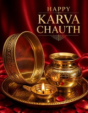 Karva chauth festival greeting with a golden water pot and decorative sieve on red silk