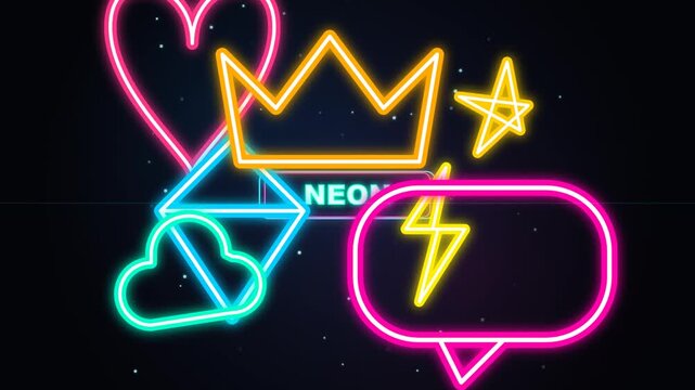 Neon glowing icons collection with crown heart star and speech bubble