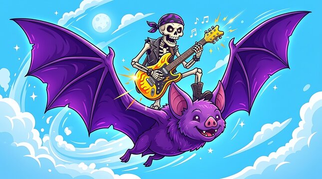 Cartoon skeleton rockstar riding a giant purple bat flying through the clouds in the sky