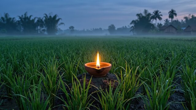 Kati Bihu Saki Lamp Glowing in Assamese Paddy Field