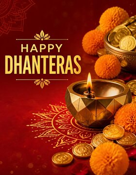 Dhanteras festival concept with gold coins and glowing oil lamp on a decorative background