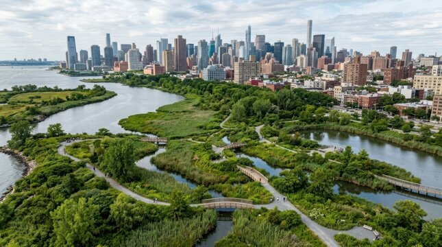 Vibrant Riverfront Ecological Corridor Meeting a Bustling Cityscape Under a Cloudy Sky