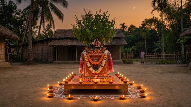 Traditional Assamese Tulsi Manch Decorated for Kati Bihu