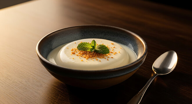 Creamy gourmet soup in a dark ceramic bowl garnished with fresh parsley and paprika beside a silver spoon on a warm wooden table in soft natural light for restaurant dining and healthy cuisine