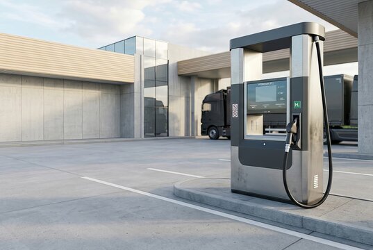 Modern Gas Station Fuel Pump with Truck in Background.