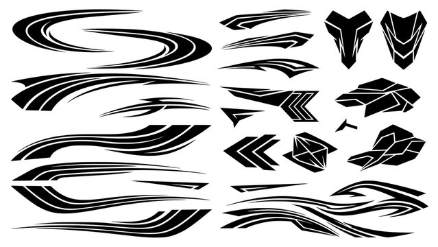 Collection of black racing vinyl decals and abstract car body stickers