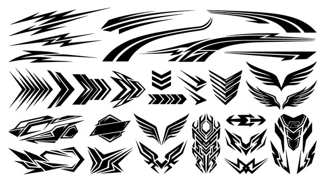 Set of black racing vinyl decals with wing motifs and sharp shapes