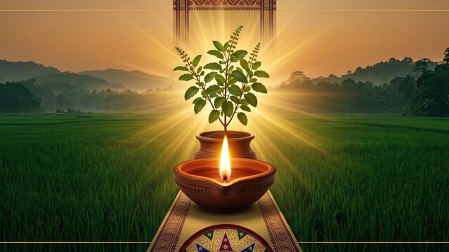 Assamese Kati Bihu Cultural Festival Banner with Tulsi Plant