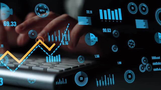 Focus on data analysis with graphs and metrics overlaying a keyboard. Perfect for illustrating modern business insights, financial reporting, and technology in the workplace. Xenic
