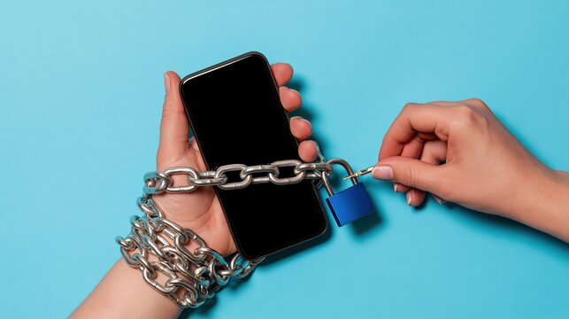 Smartphone addiction concept with metal chains and blue padlock held by hands representing digital technology control