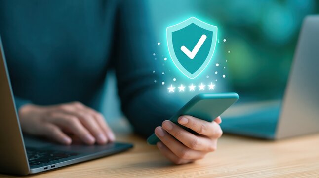 Security and data protection on a smartphone with a digital holographic shield and five star rating for privacy