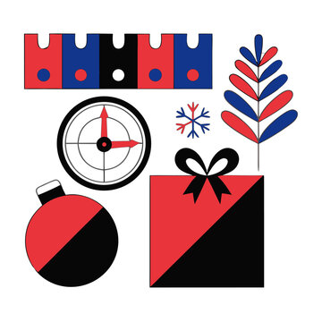 Minimalist Christmas abstract vector illustrations featuring gift boxes, clock, bauble and festive branches in modern geometric style