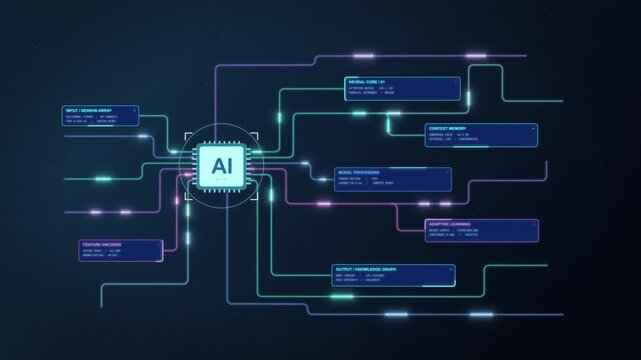 Close Up AI Processor with Neon Neural Network Connections