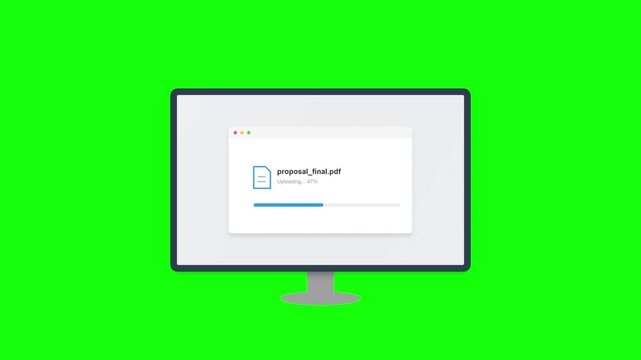 Computer Monitor Showing File Unzipping Process Animation on Green Screen Background.