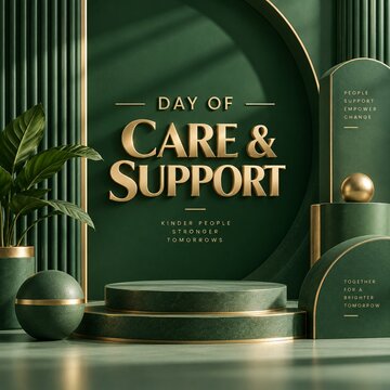 Golden care and support text on a dark green stone podium display with luxurious minimalist gold