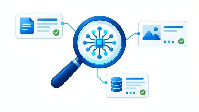 Magnifier over a neural node linked to document image and data cards