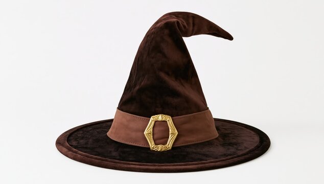 Witch hat made of brown velvet with a gold buckle for a spooky halloween costume accessory or a fantasy magic wizard