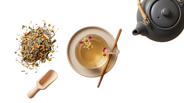 Chamomile herbal tea flat lay with ceramic teapot, loose leaf tea blend with wooden scoop, organic wellness beverage for relaxation isolated PNG with Transparent Background