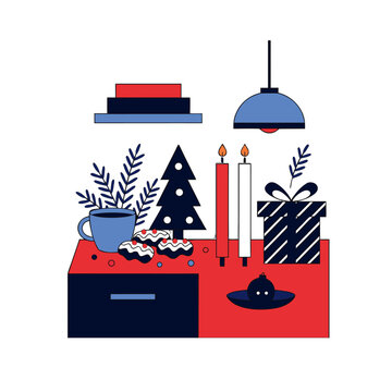 Flat vector illustration of a cozy Christmas room interior with gifts, candles, and a decorated tree
