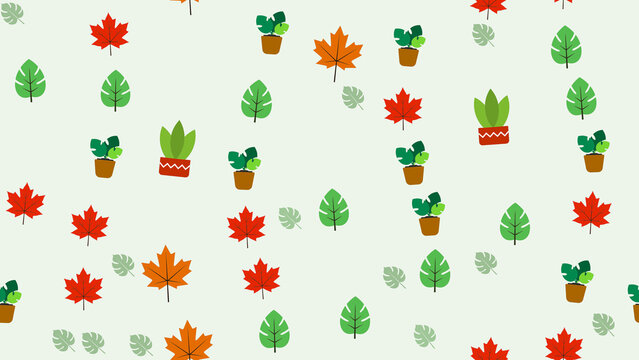 Pattern of Autumn Leaves and Potted Plants